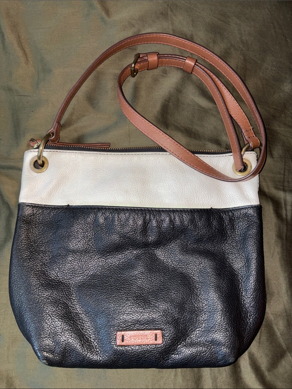 Fossil Two-Tone Pebbled Leather Shoulder Bag - Black, Cream & Brown